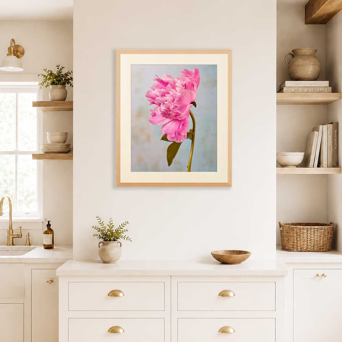 Miss Bashful Peony Wall Art Print with gold frame, pink peony single stem in portrait view