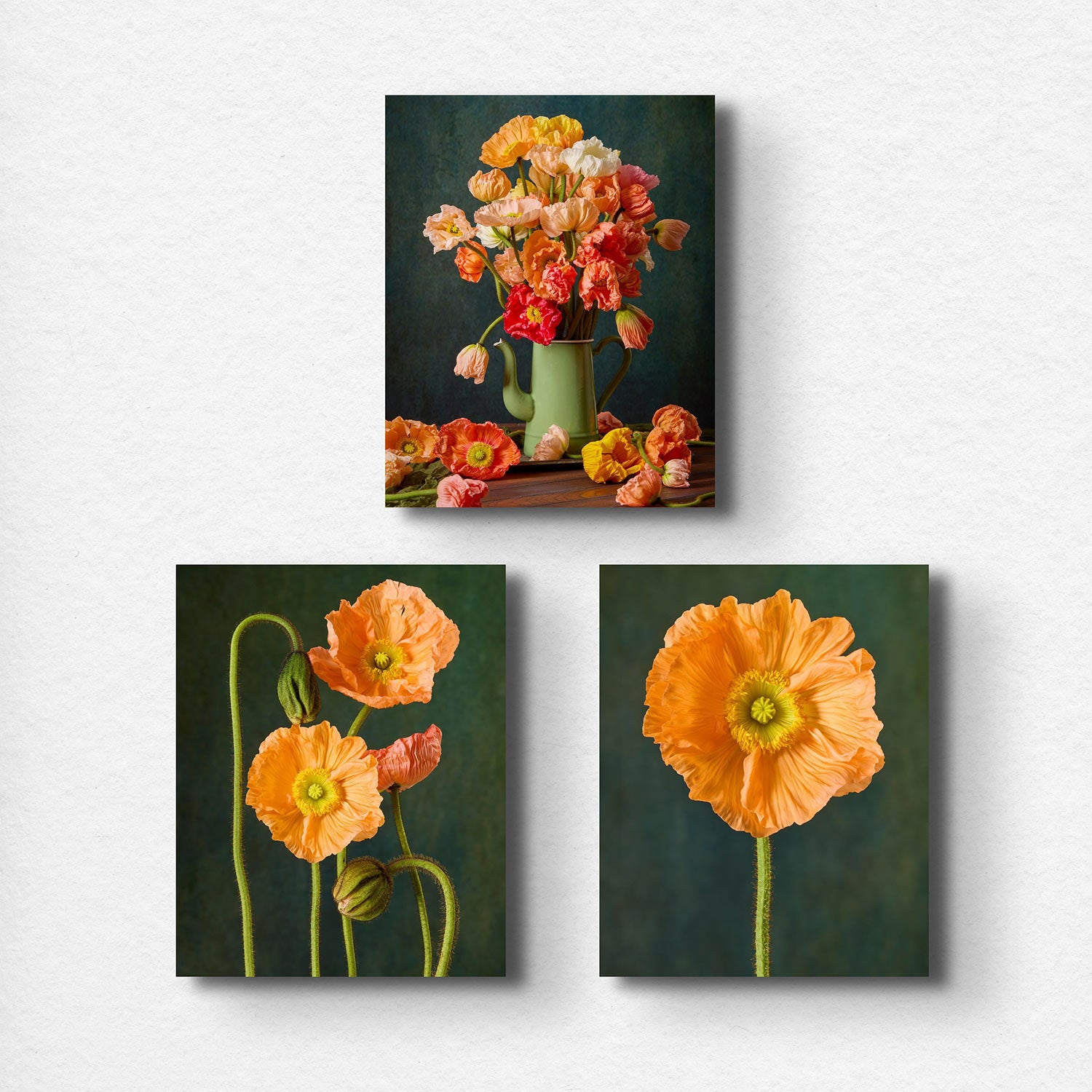 Poppy Sisters Portraits - 3 Piece: A vibrant collage with Italian pastel poppies in a green vase at the top, orange poppies with green stems on the bottom left, and a close-up of an orange bloom on the bottom right.