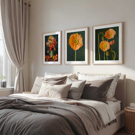 Poppy Sisters Portraits- 3 Piece Wall Art Print Set with orange poppy flowers on dark green backgrounds