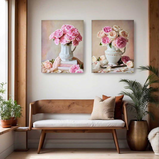 Garden Rose Duo Wall Art Canvas pink and white multi panel garden rose still life canvas set
