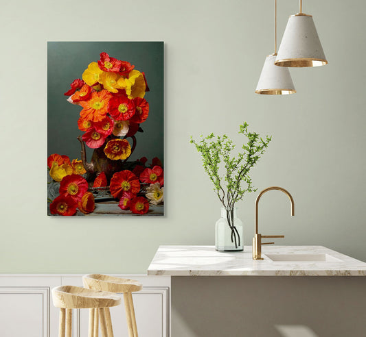 Poppy Luminance floral wall art featuring vibrant red and yellow blossoms in a dark vase, displayed in a modern kitchen with light green walls and natural wood accents.