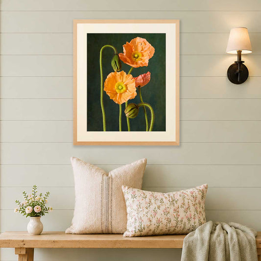 The Poppy Sisters wall art print with orange poppy flowers on green botanical portrait background