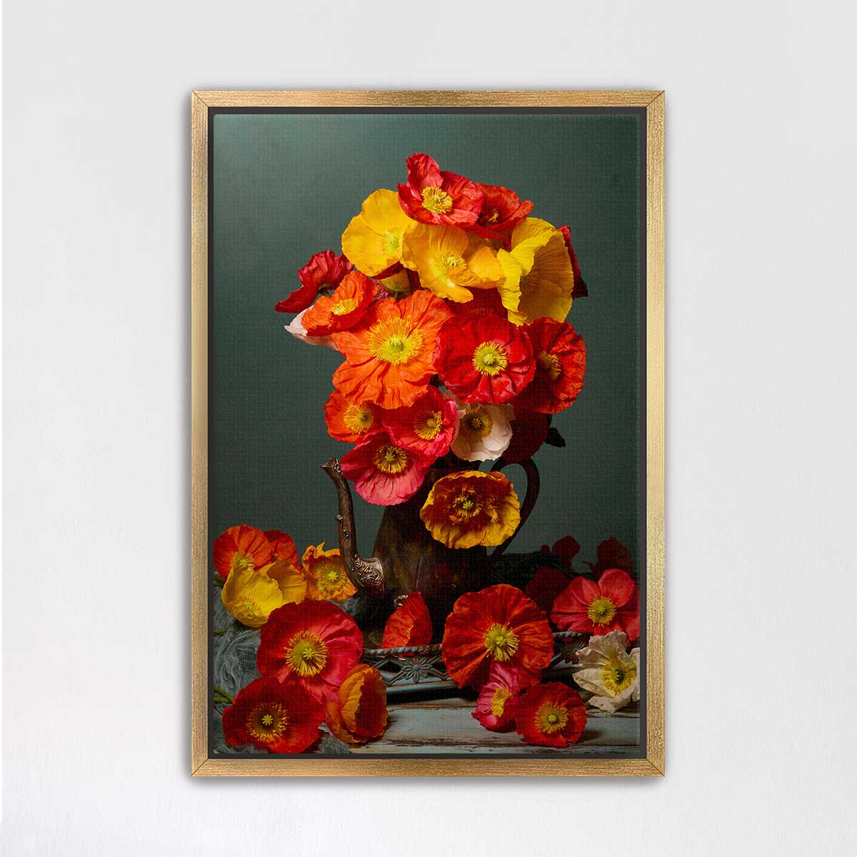 A framed painting depicting a vase filled with vibrant red and orange flowers against a dark green background.