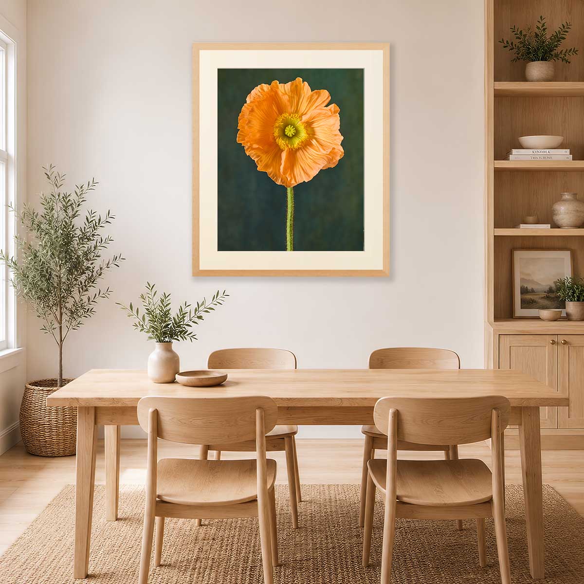 The Tuscan Poppy wall art print with orange poppy flower and slender green stem in a vertical frame