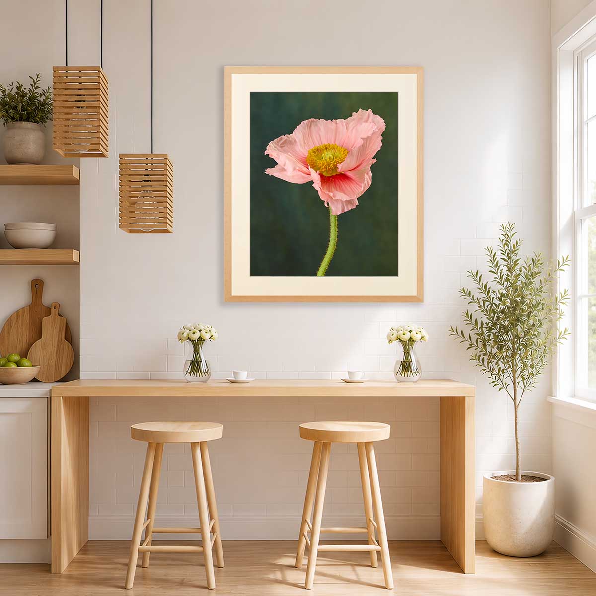 The Venetian Poppy Wall Art Print with pink poppy flower on dark green background in a gold frame