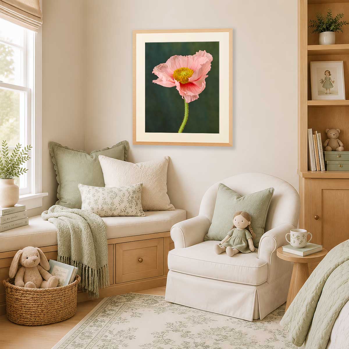 The Venetian Poppy wall art print with a framed pink poppy flower on a dark green background