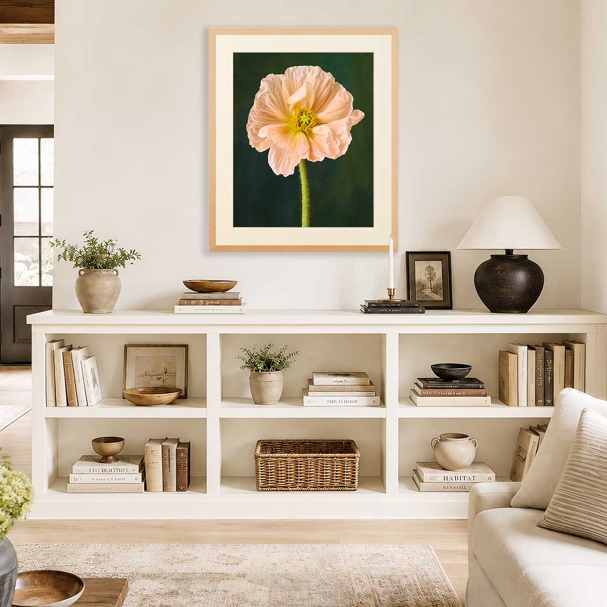The Amalfi Poppy wall art print with a framed peach poppy flower on a dark green background