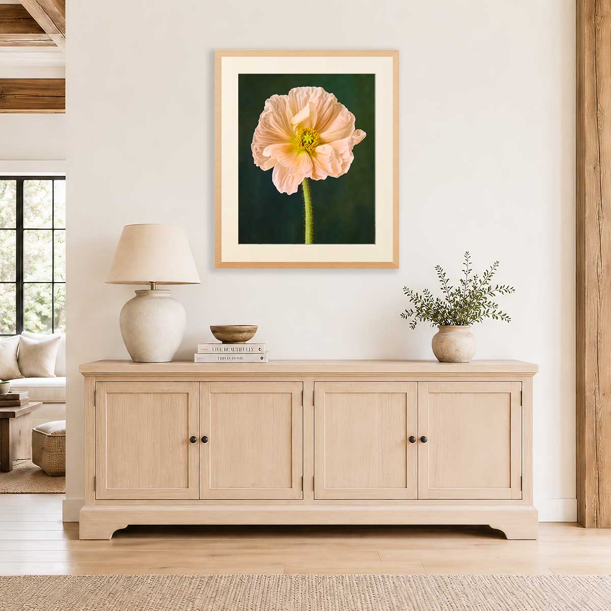 The Amalfi Poppy wall art print with a framed peach poppy flower on a dark green background