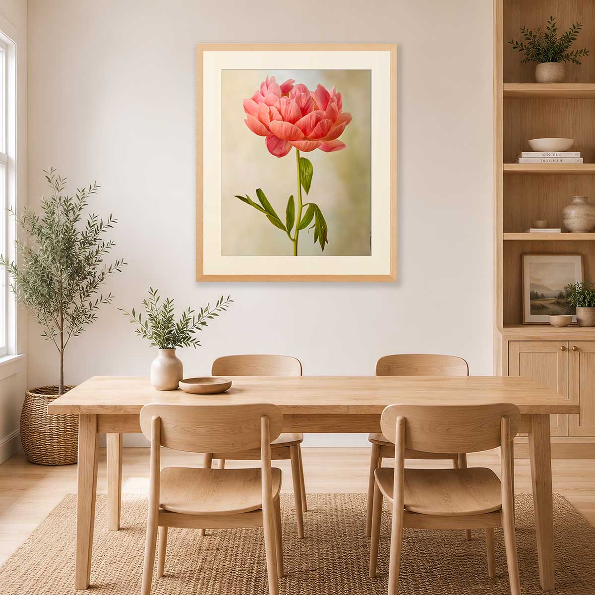 Coral Charm Peony Portrait 1 wall art print with pink peony flowers in a gold framed vertical display