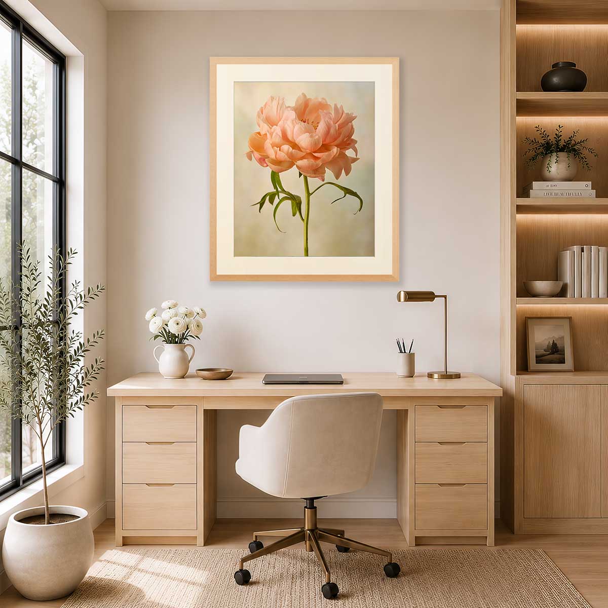 Coral Charm Peony Portrait 5 wall art print with peach peony flowers in a beige framed display