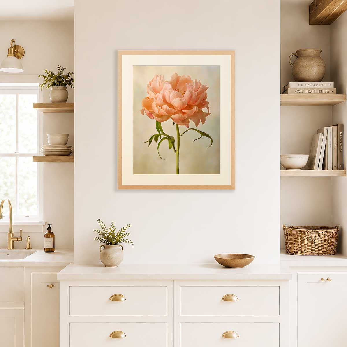 Coral Charm Peony Portrait 3 wall art print with a framed blush peony in soft coral tones