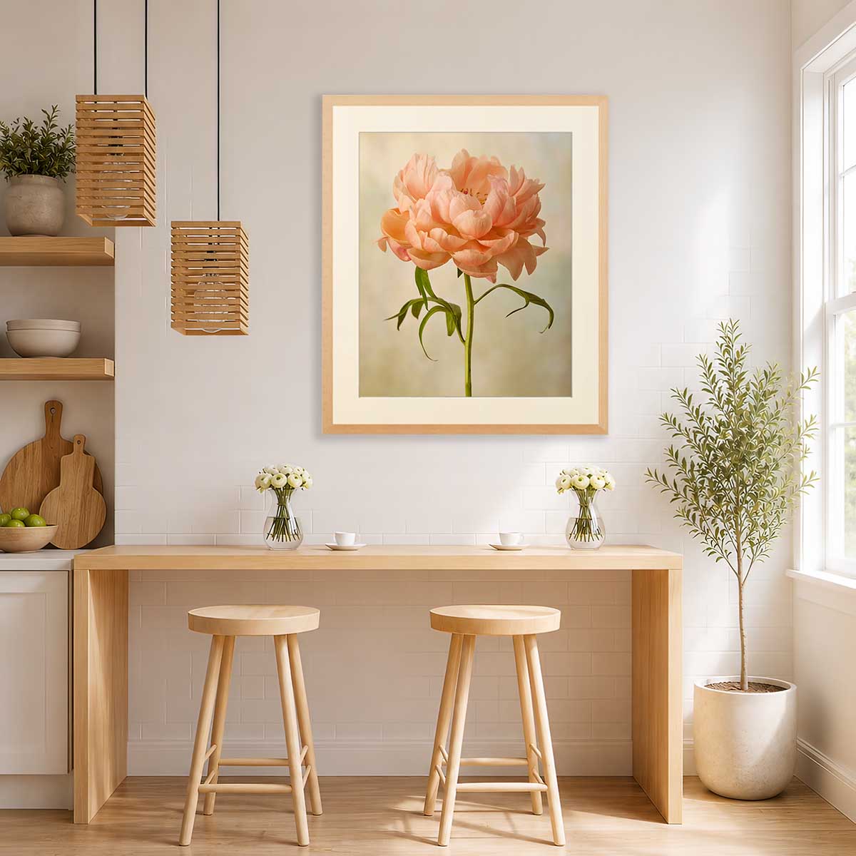 Coral Charm Peony Portrait 3 Wall Art print with peach peonies in a light wood frame on a bright kitchen wall