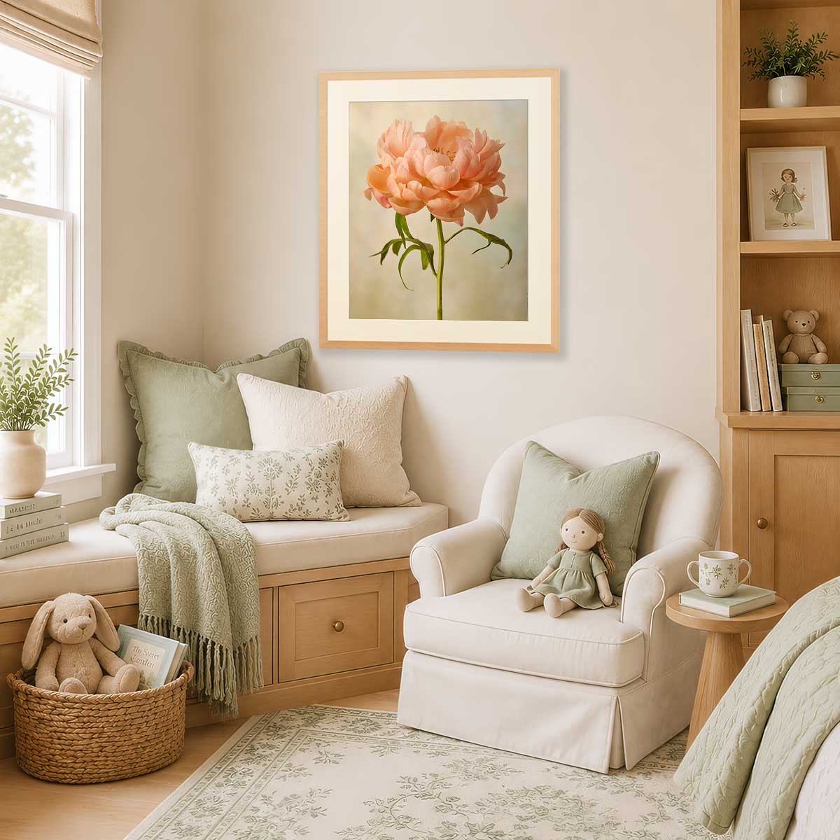 Coral Charm Peony Portrait 5 wall art print with soft pink peonies in a light beige frame