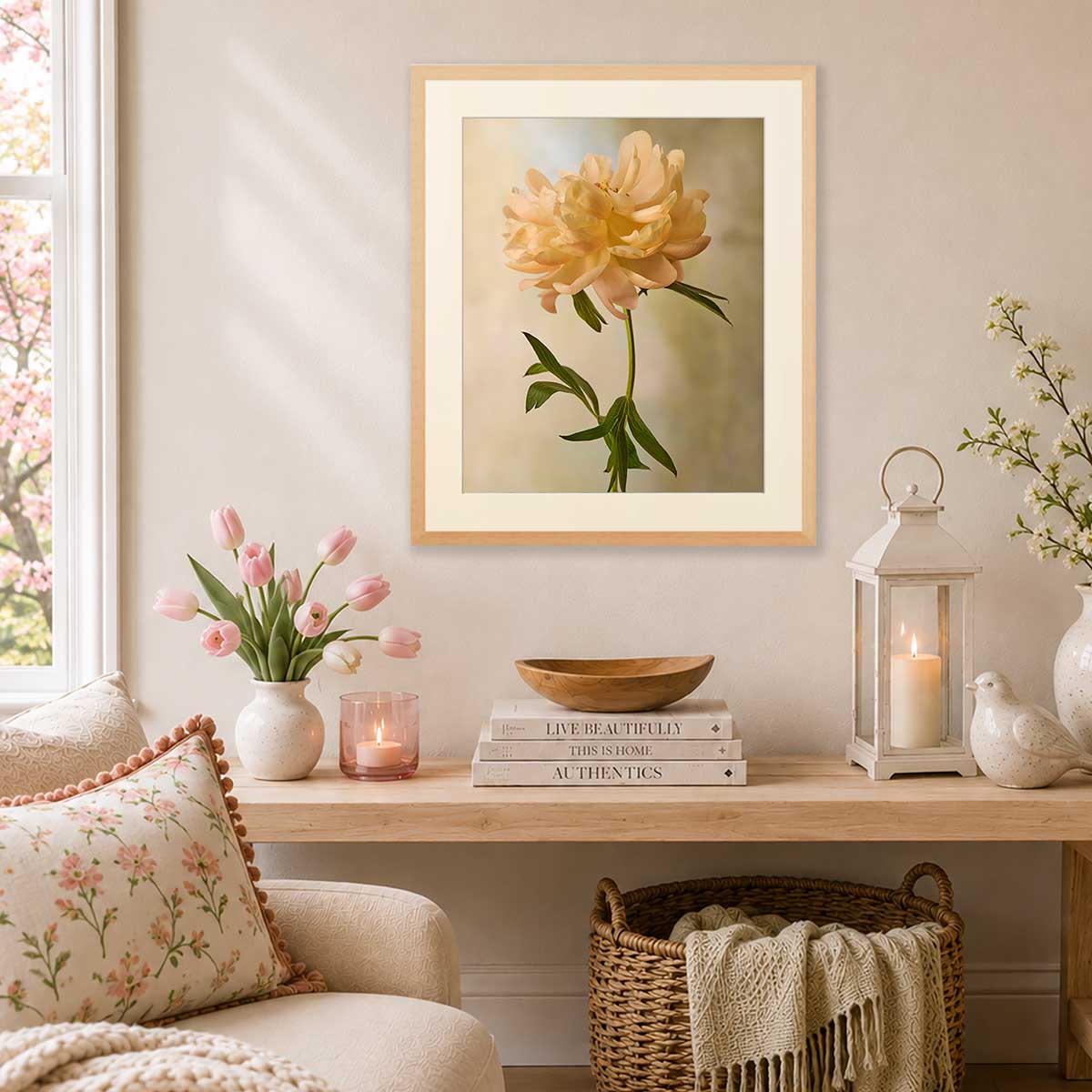Coral Charm Peony Portrait 6 wall art print with framed vertical peony bloom in soft blush and coral tones