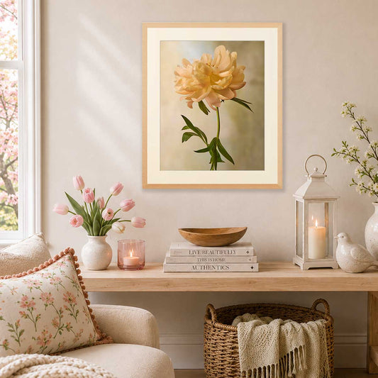 Coral Charm Peony Portrait 6 wall art print with framed vertical peony bloom in soft blush and coral tones