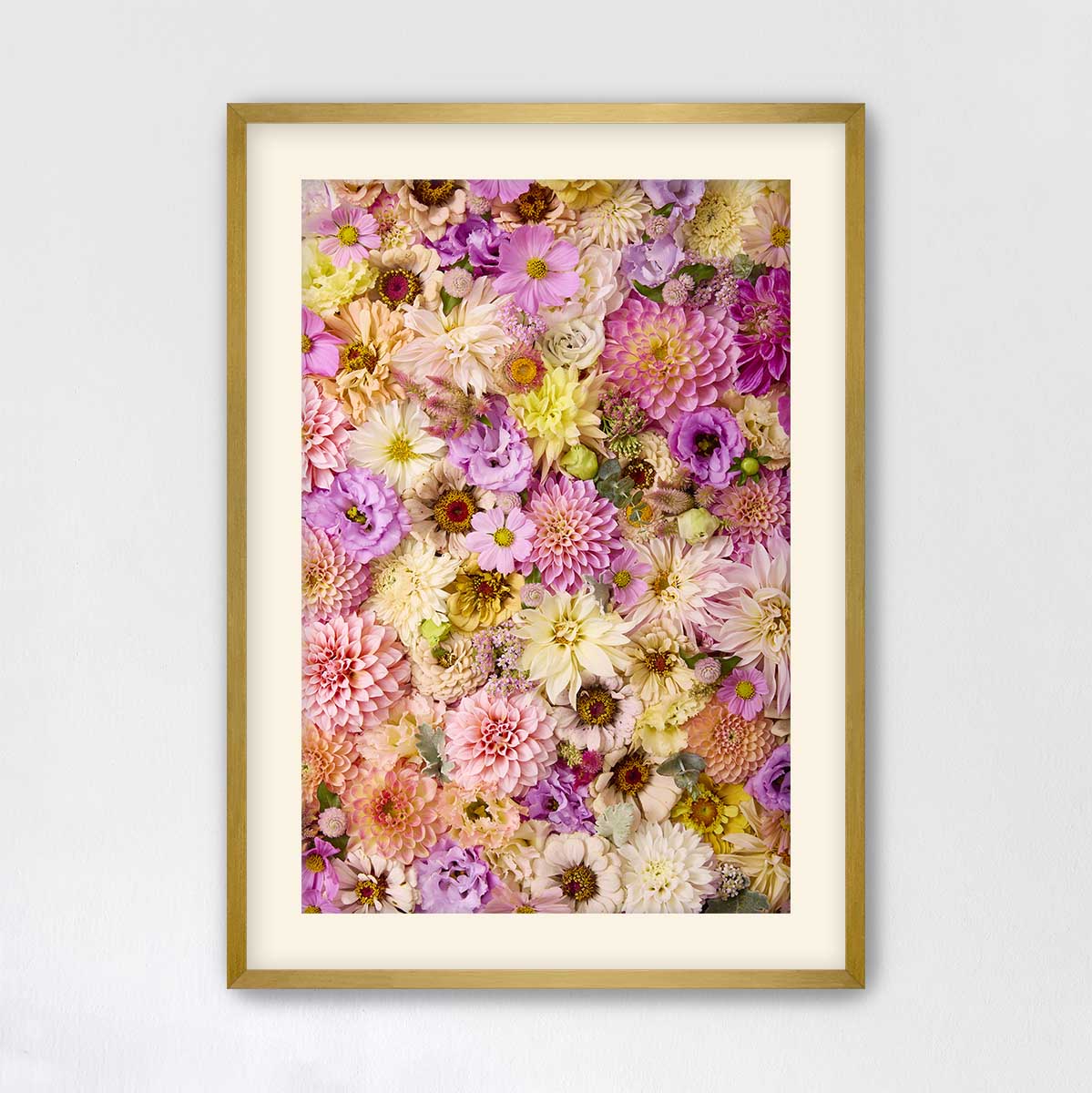 The image is a framed collage of various colorful flowers, including dahlias, peonies, and other blooms, arranged in a visually appealing manner.