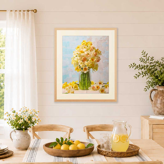 Daffodil Delight Wall Art Print with gold wall art frame, showing a glass jar daffodil bouquet motif