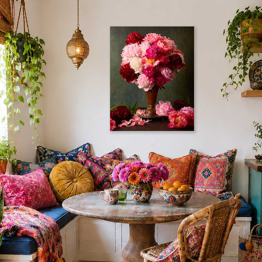 Passion In Bloom Peony Wall Art Canvas with dark green background and pink peony bouquet