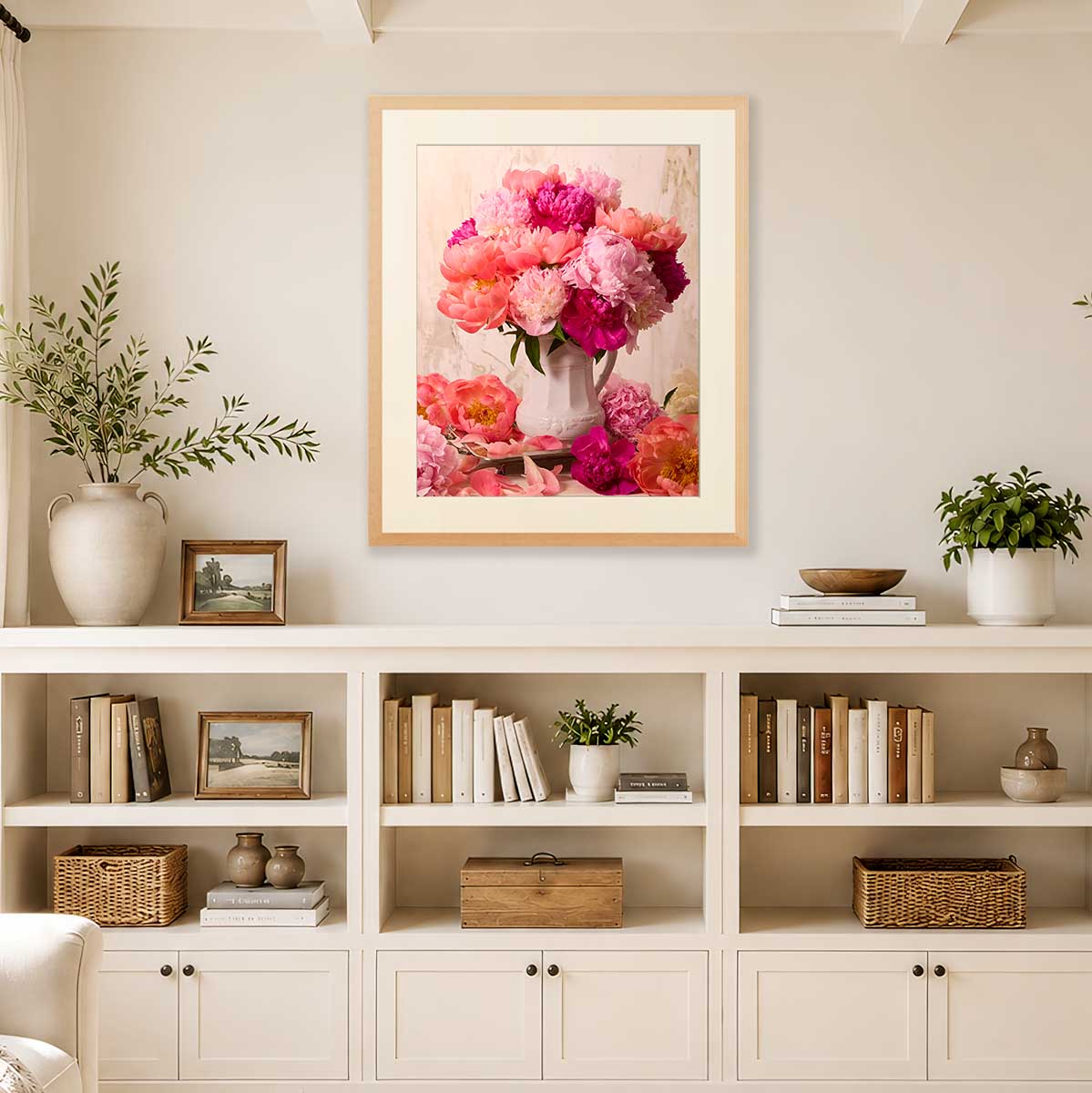 Blushing Hearts Peonies wall art print with coral and pink peony bouquet in a light beige frame