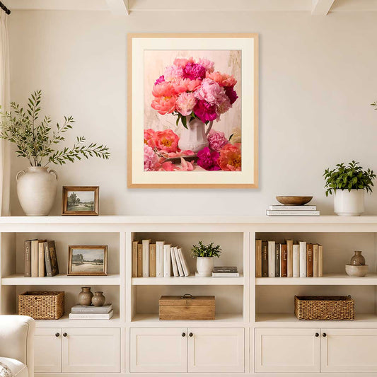 Blushing Hearts Peonies wall art print with coral and pink peony bouquet in a light beige frame