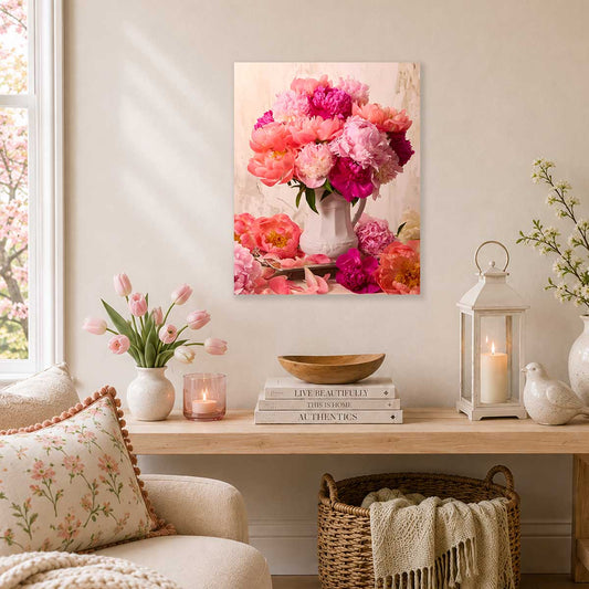 Blushing Hearts Peonies Wall Art Canvas with pink peonies in a white vase on a vertical canvas print