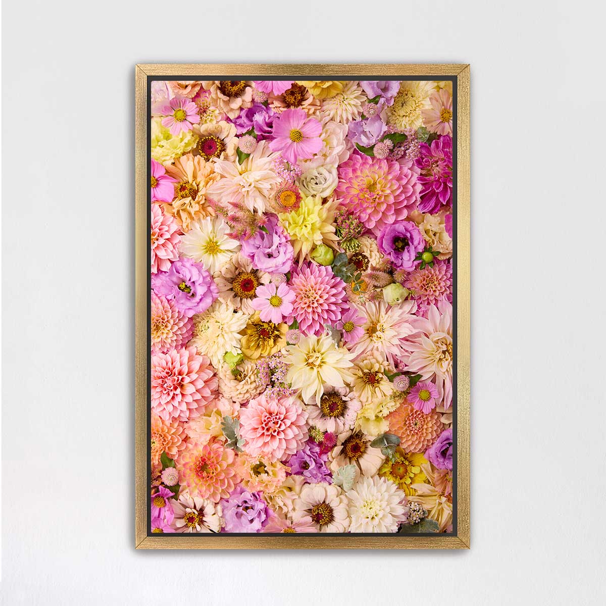 The image is a vibrant and colorful collage of various flowers, including dahlias, roses, and other blooms, arranged in a visually appealing manner.