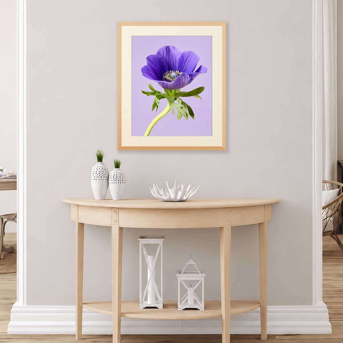 Dancing In Purple Anemone Wall Art Print with purple anemone flower in a gold wood frame