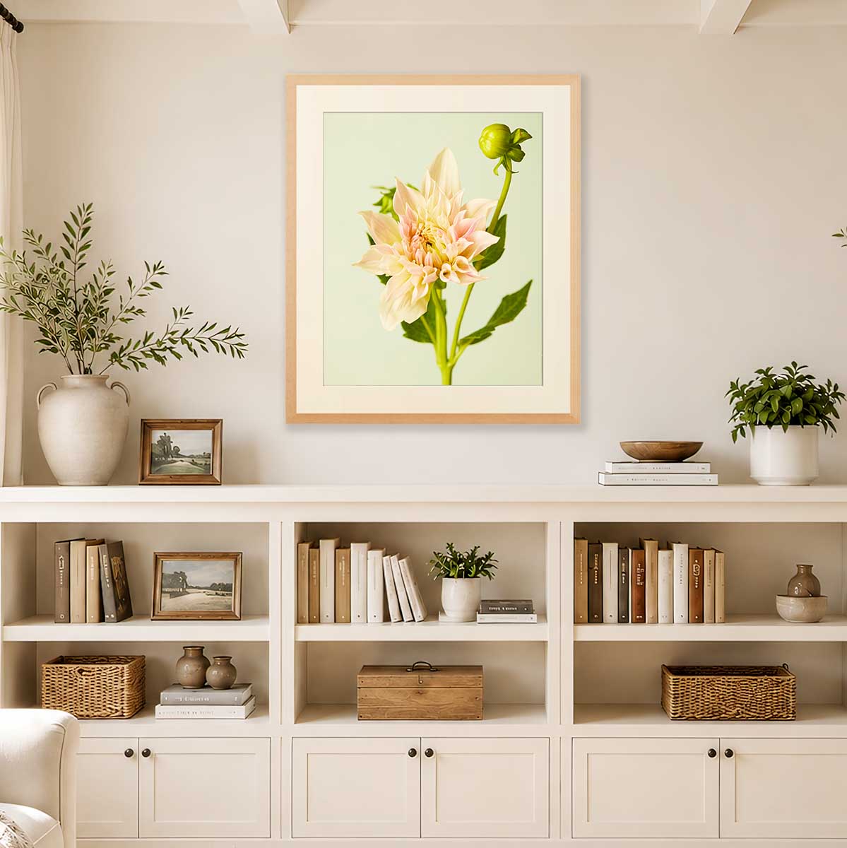 Peaches and Cream Dahlia Wall Art Print in a gold frame with a peach flower and green leaves