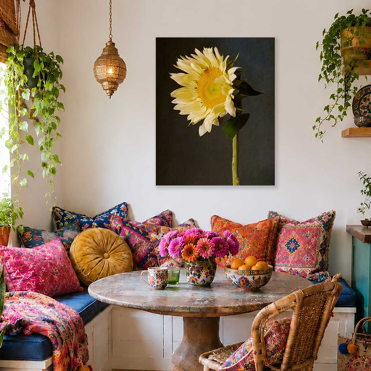 Portrait sunflower wall art print by Lumaprints with cream and yellow flowers on a dark background for indoor display