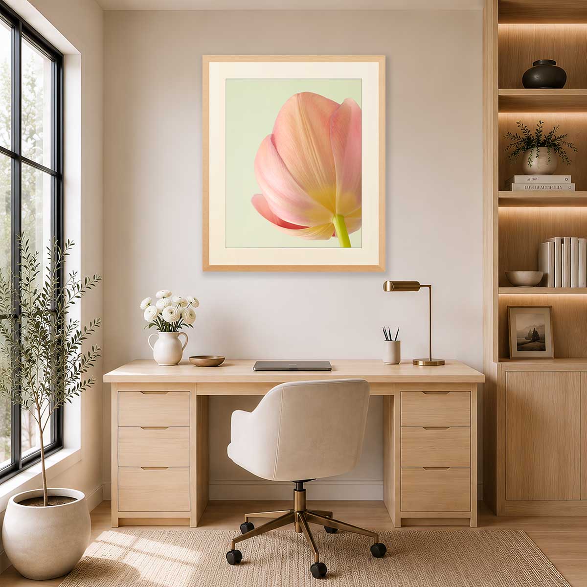 Petals Of Spring 2 Tulip Wall Art Print with gold frame, soft pink tulip flower in portrait wall decor