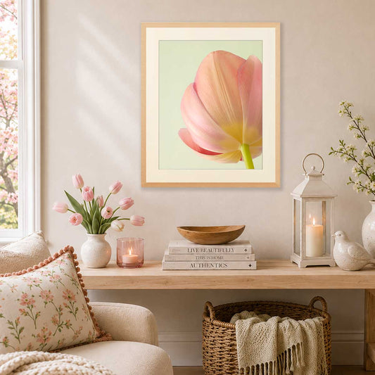 Petals Of Spring 2 Tulip Wall Art Print with pink tulip bloom and soft green background for vertical display