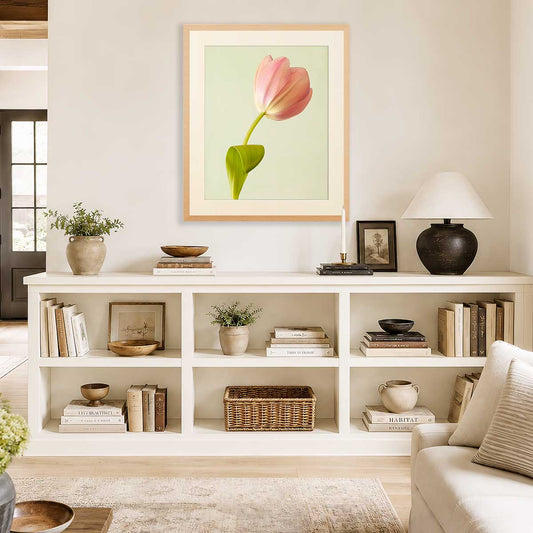 Petals Of Spring 3 Tulip Wall Art Print with framed portrait print, gold wall art and soft pink tulip