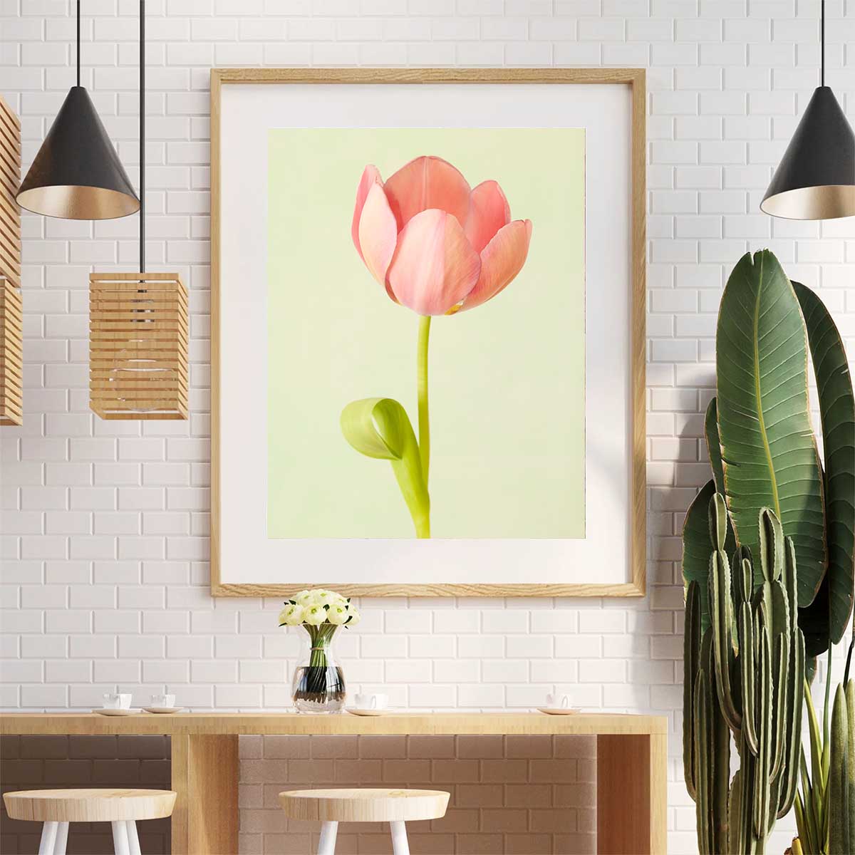 Tulip canvas wall art by Lumaprints in a light wood frame, portrait orientation with pink petals on green background