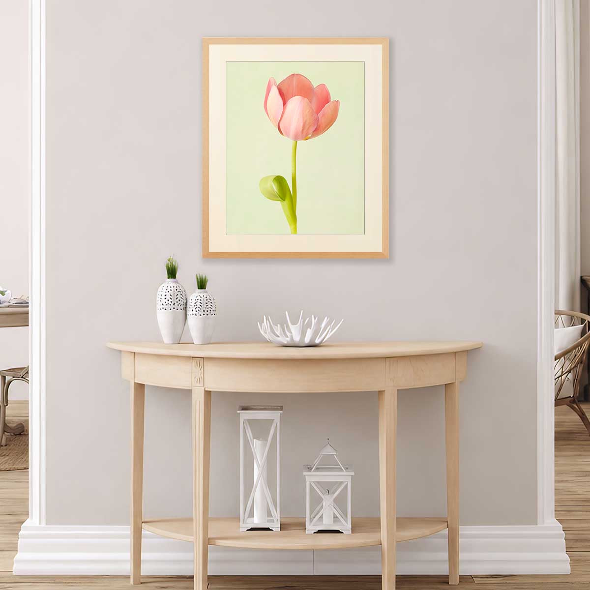 Petals Of Spring 4 Tulip Wall Art Print with gold wall art frame in pastel pink tulip portrait