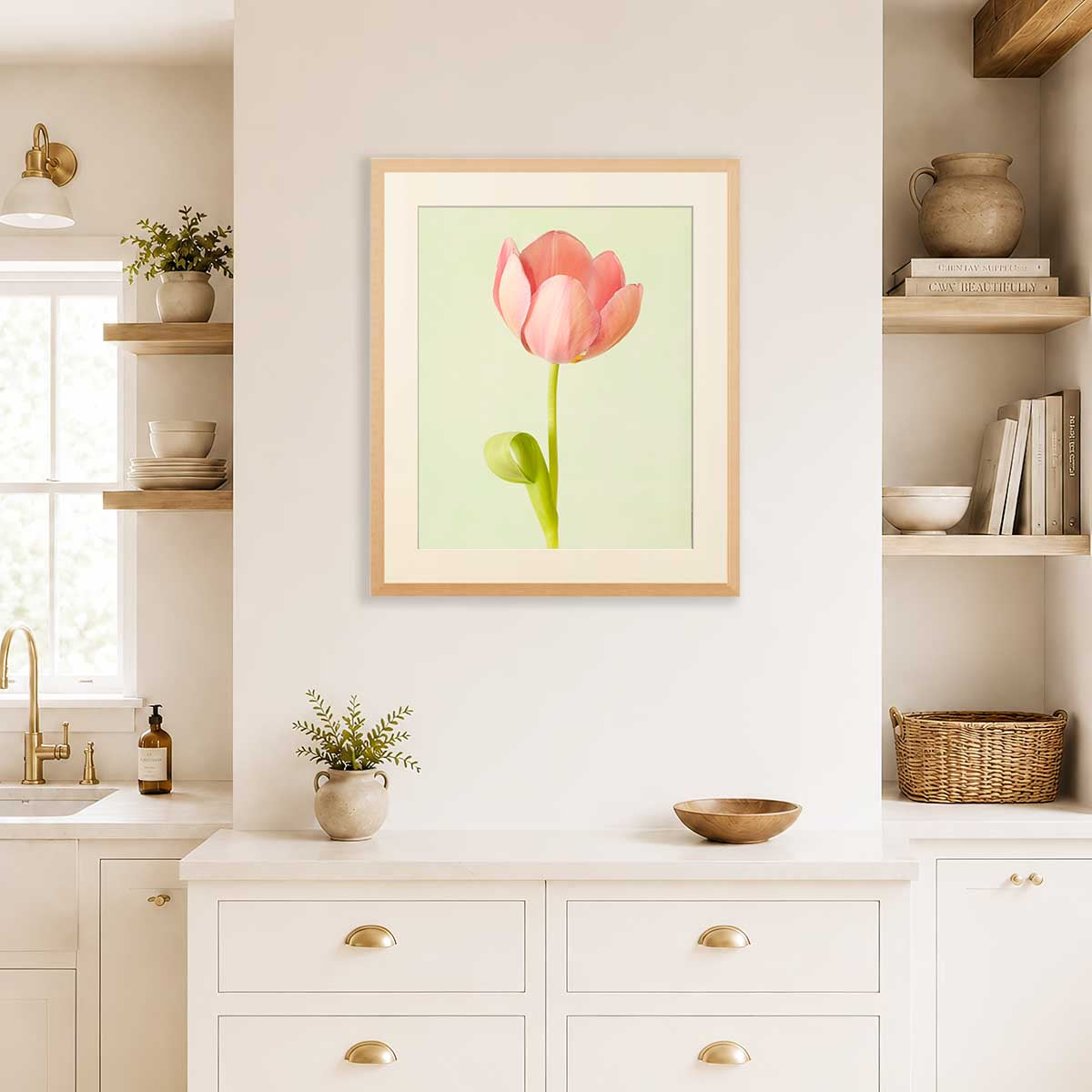 Petals Of Spring 4 Tulip Wall Art Print tulip artwork in soft pink with green leaves, framed in light wood