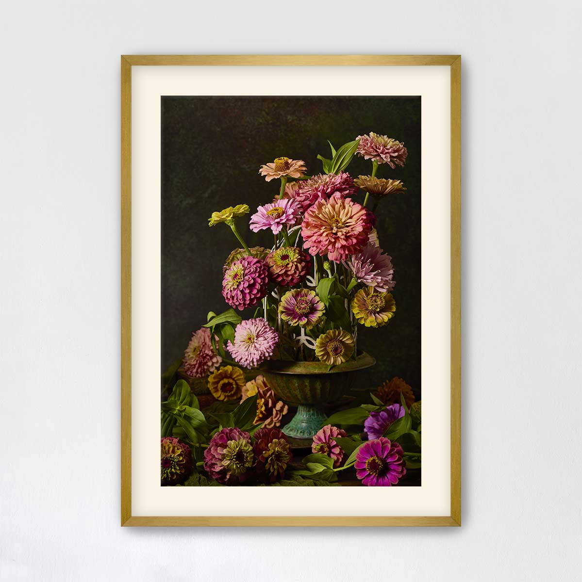 The image is a framed painting depicting a vase filled with a variety of colorful flowers, including pink, yellow, and purple blooms.