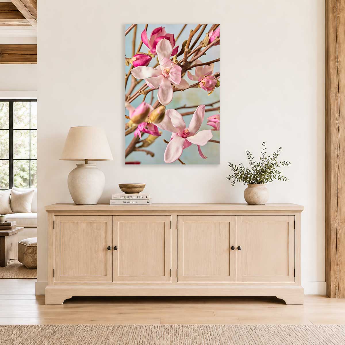 Magnolia Duet Wall Art Canvas pink magnolia flowers on vertical canvas print for wall art display