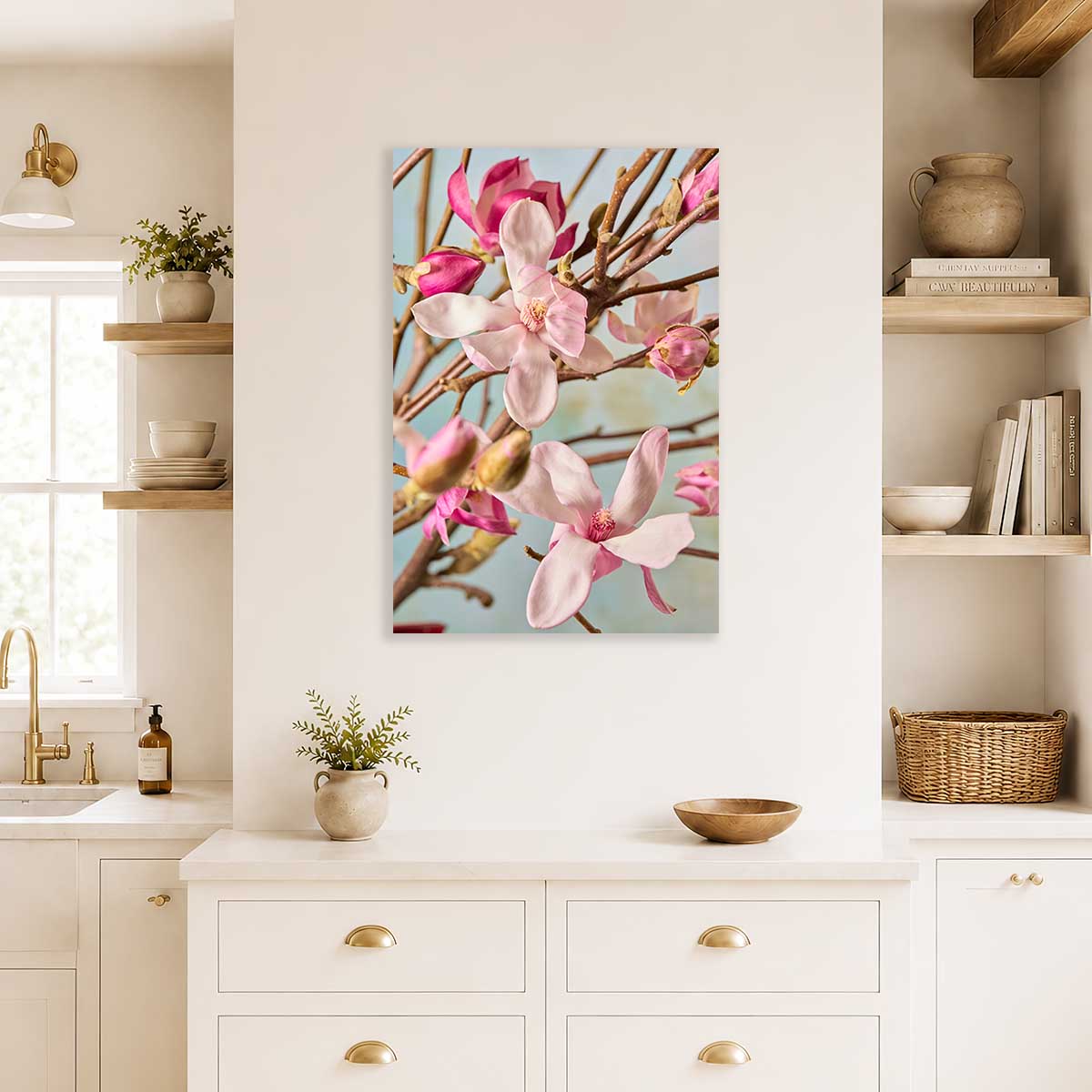 Magnolia Duet Wall Art Canvas with pink and white floral blooms on a vertical canvas print