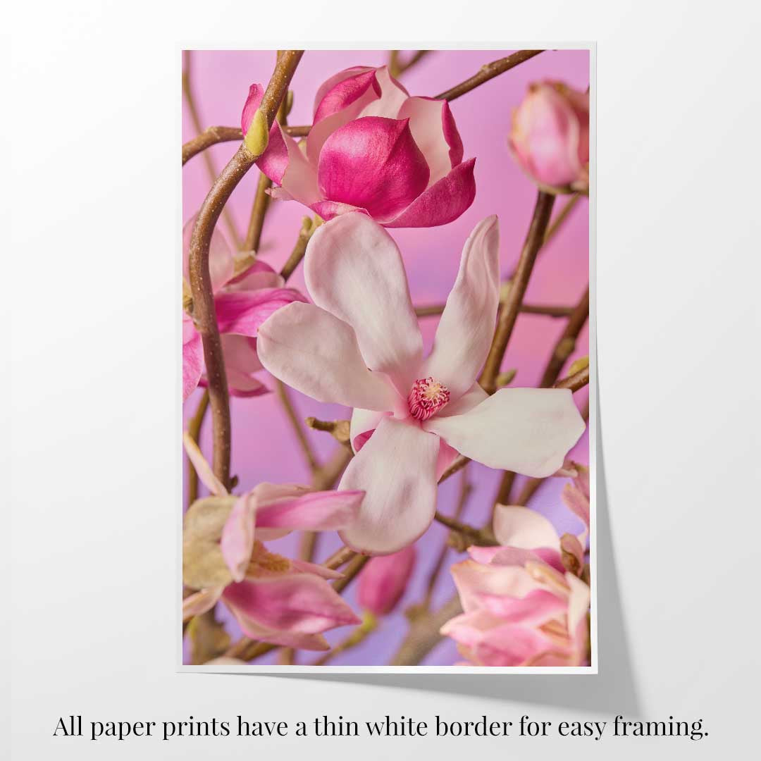 Magnolia Muse Wall Art Print of pink and purple blossoms on a vertical paper print, wall art