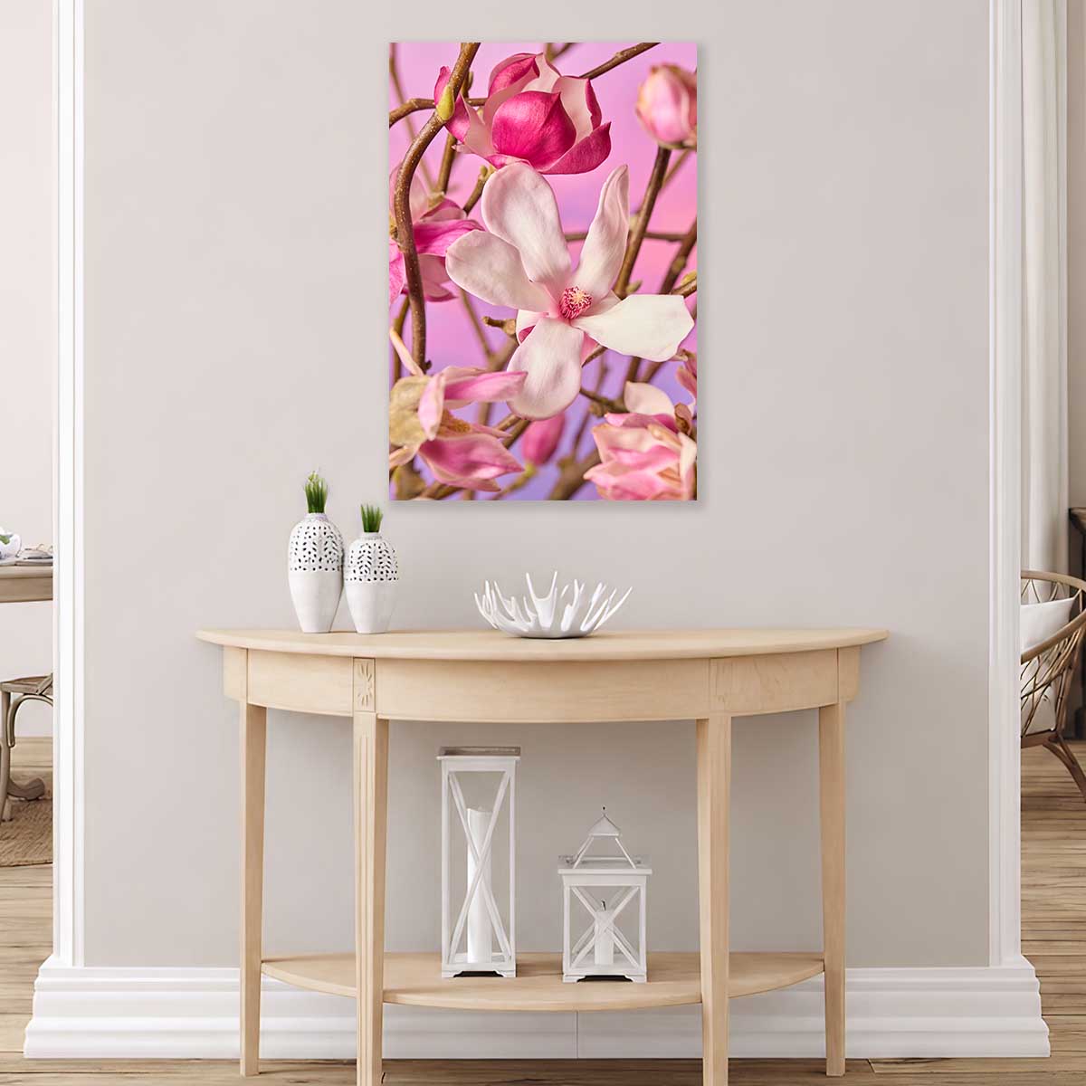 Magnolia Muse Wall Art Canvas with pink and lavender magnolia flowers, wall art for standalone wall display