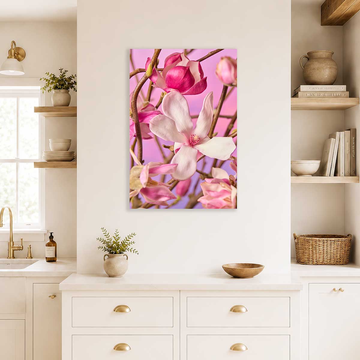 Magnolia Muse Wall Art Canvas with pink and purple blossoms, wall art for vertical standalone display