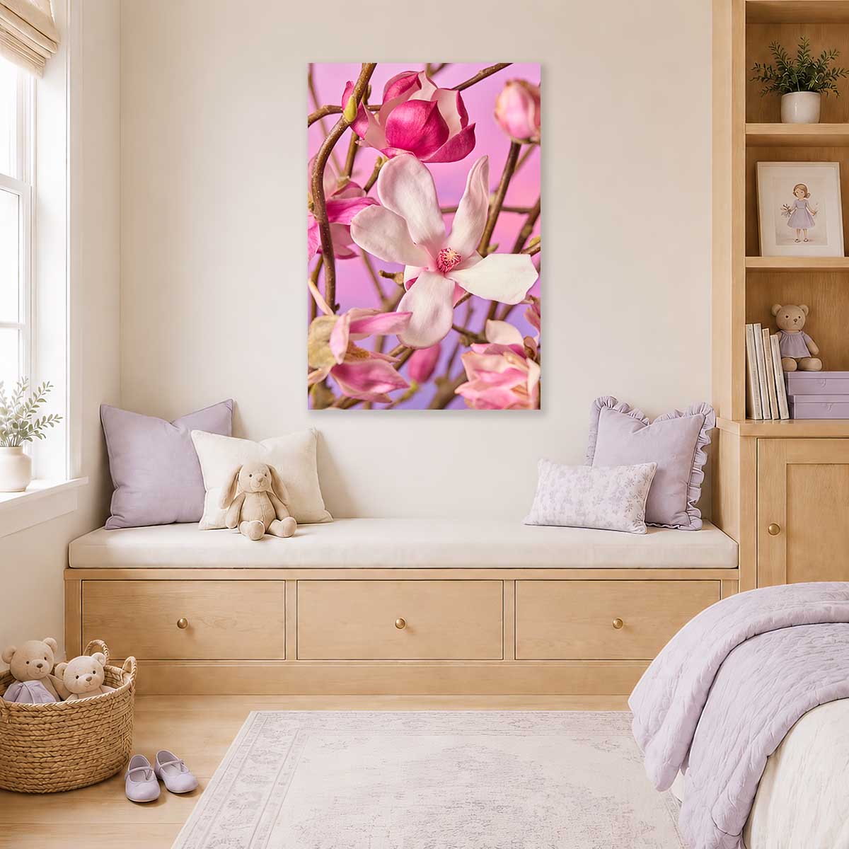 Magnolia Muse Wall Art Canvas with pink and white magnolia flowers, wall art for a cozy living room