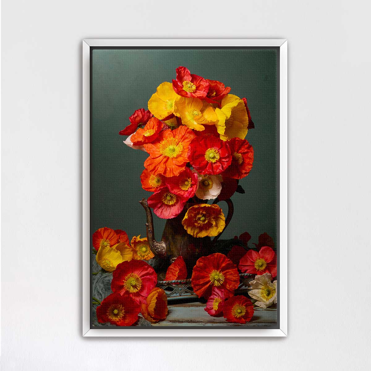 A framed painting depicting a vase filled with vibrant red and orange flowers against a dark green background.
