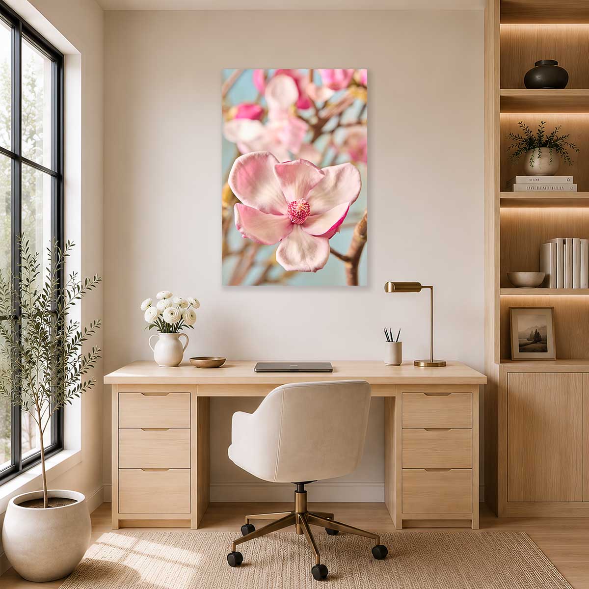 Gentle Radiance Magnolia Wall Art Canvas wall art with pink magnolia blossoms in soft focus above a desk
