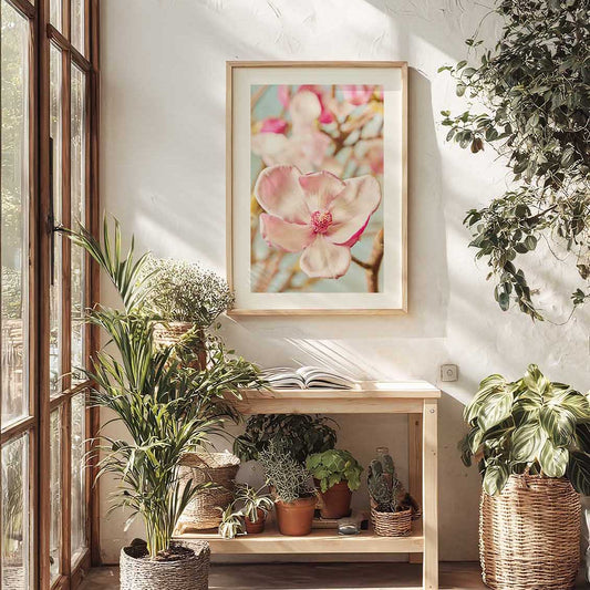 Gentle Radiance Magnolia Wall Art Print wall art with a pink magnolia flower in a gold frame