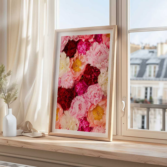 Peony Rhapsody Wall Art Print with coral and pink peonies in a gold framed print for living room decor