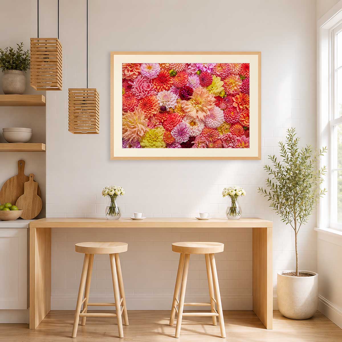 Blooming Radiance Horizontal Dahlia Wall Art Print in warm coral and cream, framed in gold