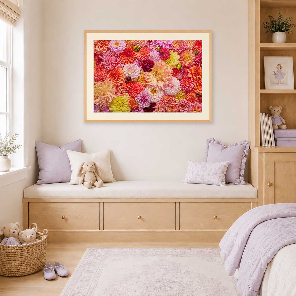 Blooming Radiance Horizontal Dahlia Wall Art Print with colorful floral blooms in warm cream and coral tones