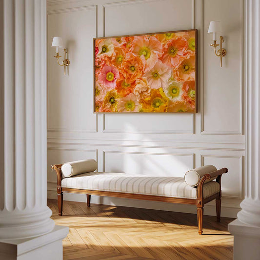 Petals of Light- Horizontal Poppy Wall Art Canvas with overlapping blooms in warm orange and cream