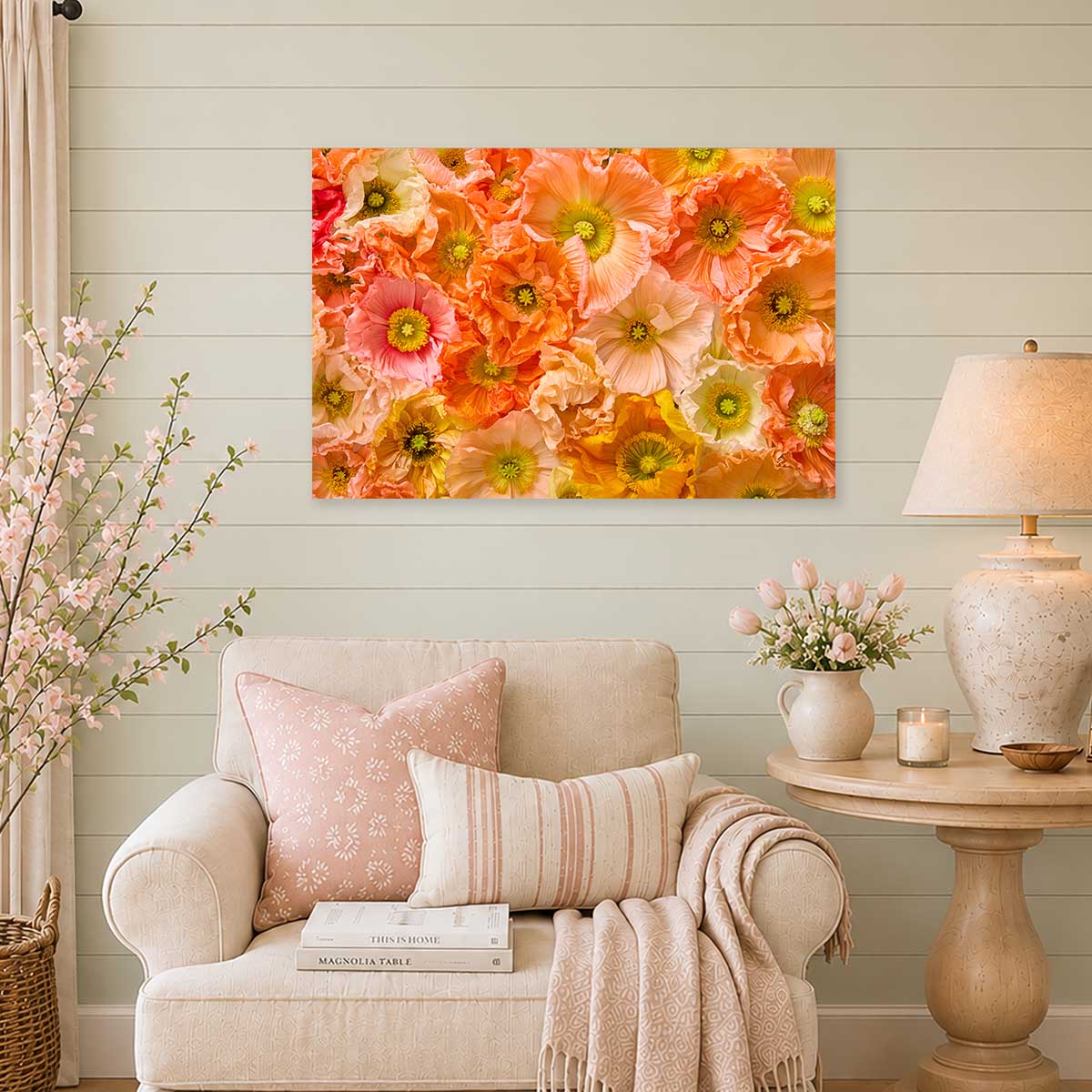 Petals of Light horizontal poppy wall art canvas with overlapping blooms in warm orange and pink tones